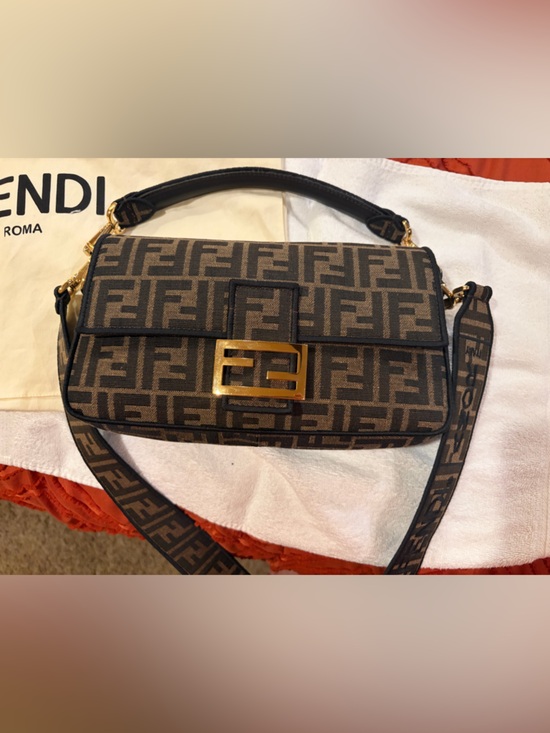 Fendi Handbags - Fendi Brown and Black FF Logo Baguette Shoulder Bag with Gold Hardware